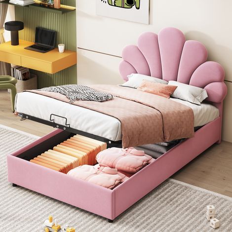 Cama juvenil tapizada con almacenamiento rosa OKMYHOME (1/5)