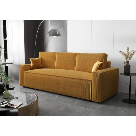 Canapé 3 places convertible AMBRI en velours côtelé 230 cm - Jaune (1/5)