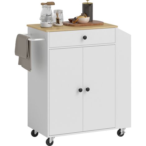 Chariot de cuisine avec tiroir, compartiment de rangement, porte-épices, porte-serviettes, 82 x 38 x 86,5 cm, blanc/chêne