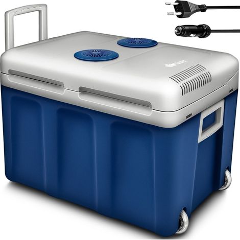 tillvex Frigorifero elettrico Portatile (Blu) da 40L con rotelle Mini-frigorifero campeggio da 230 V e 12 V per auto, camion, barca o camper rinfresca e riscalda modalità ECO