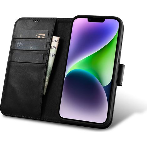 Étui portefeuille 2 en 1 en cuir noir pour iPhone 14 Plus, protection RFID et cire d'huile. (1/4)