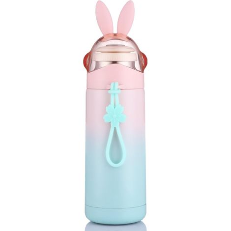 Bouteille Isotherme Enfants - Acier Inoxydable 304 - Double Paroi Vide - 350 ml - Couvercle Étanche À Bouton Poussoir - Design Lapin - Pour Eau Chaude Froide - 1 Pièce (1/5)