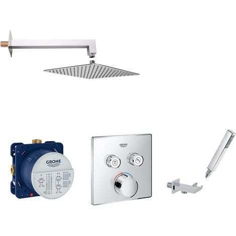 Banyo – Colonne de douche encastrée 2 voies – Mitigeur Smartcontrol chromé – Pommeau inox 300mm – Bras laiton 400mm – Flexible 1250mm avec jet pluie (1/5)