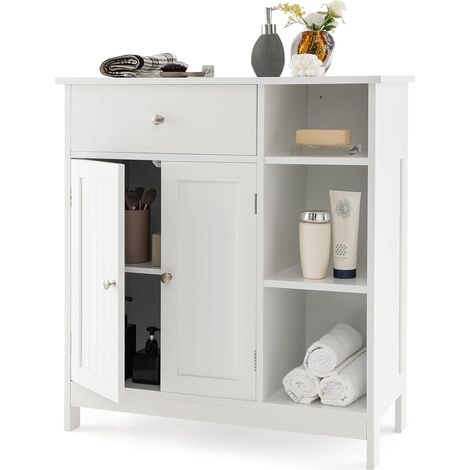 Costway – Armoire de salle de bain sur le sol 75x30x80cm – 1 tiroir, 2 portes, étagère réglable – MDF blanc, sécurité anti-basculement (1/5)