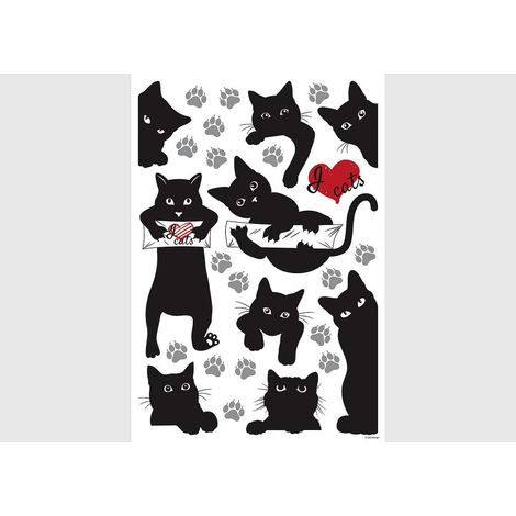 Stickers Animaux - Chats Noirs avec Cœur Rouge - 1 planche 42,5 x 65 cm (1/5)