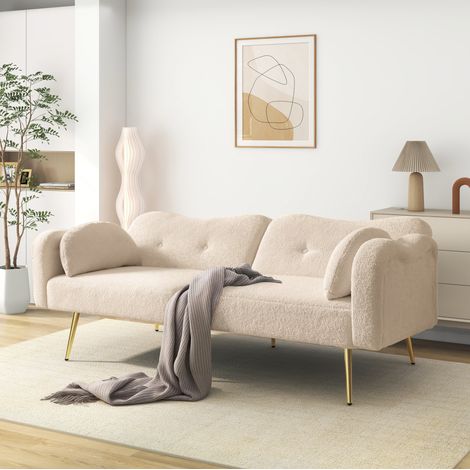 Sofá cama 2 plazas 155x85,5 cm convertible, respaldo de 3 posiciones, patas metálicas doradas, acabado natural - beige (1/5)