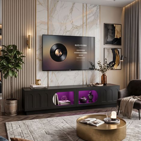 Creahappy Meuble TV LED 200x40x42 cm - Rangement Multimédia Grand Espace avec Portes en Verre et Relief Arqué - Noir Contemporain (1/5)