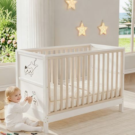 Lit bébé modulable 3 hauteurs transformable cododo canapé peinture panneaux norme EN716 126,5x64,5x90cm, naturel blanc (1/5)