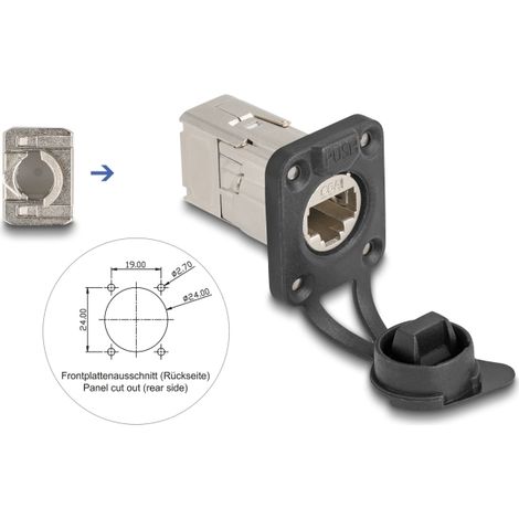 Delock Conector RJ45 tipo-D empotrado con conexiÃ³n LSA Cat.6A STP con tapa protectora IP66 resistente al polvo y al agua