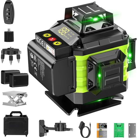 Niveau Laser Chantier Autonivelant 360° x 4, Lazer Niveaux 4D 16 Lignes Laser, Autonivellement et Mode Pulsé Extérieur, 2 x Batterie, Nivellement Automatique, Support Rotatif, Télécommande (1/5)