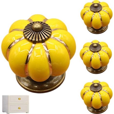 Quattro maniglie in ceramica a forma di zucca per ante di mobili, adatte a diverse tipologie di ante, mobili TV, armadi, guardaroba, credenze e scarpiere. Colore giallo, dimensioni 444 cm.