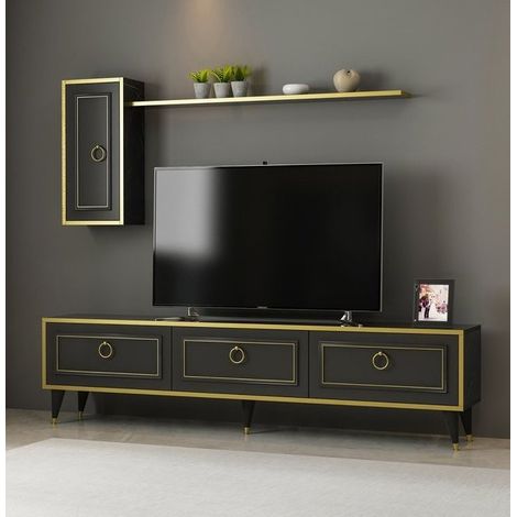 Ensemble meuble TV VALSE MARBRE Motif Noir-Or (1/4)
