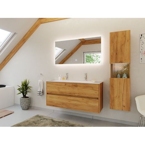 Doppel-Badmöbel Set Taifun 3tlg. 120 cm mit LED Spiegel und Hochschrank eiche gold (1/5)