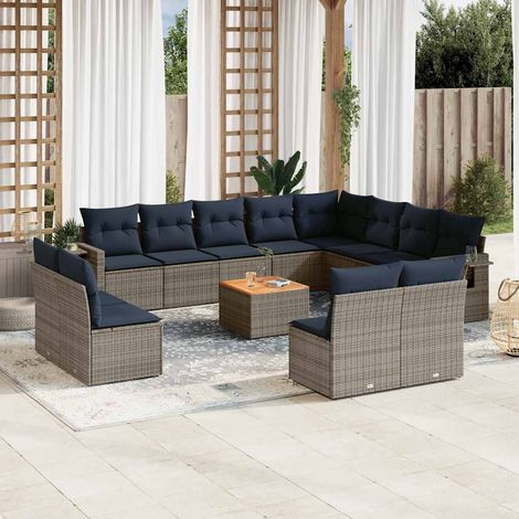 Salon de jardin modulable 13 pièces en résine tressée grise et coussins bleu marine - PANGIVO (1/5)
