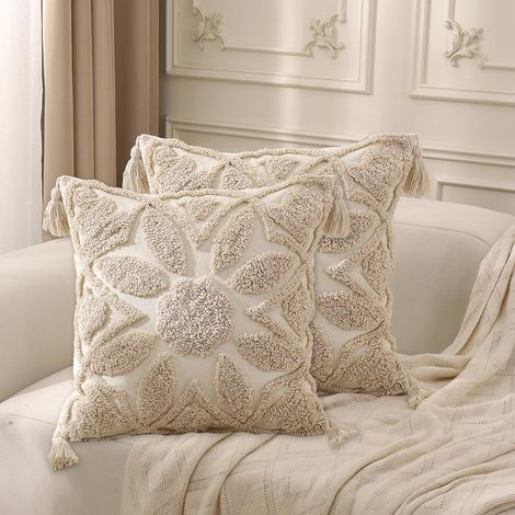 Fundas de cojín estilo bohemio, juego de 2, patrón geométrico, decoración con flecos, colores neutros, fundas de cojín de felpa, ideales para sofá, sala de estar y decoración del hogar, estilo rústico
