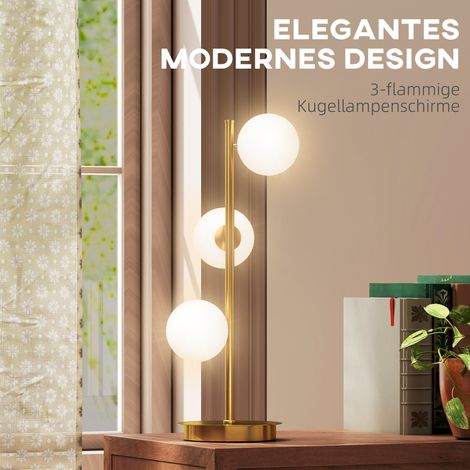 Lampadaire de table avec 3 abat-jour sphériques, pied en acier robuste, douilles G9, 24 x 24 x 53 cm, finition laiton (1/5)