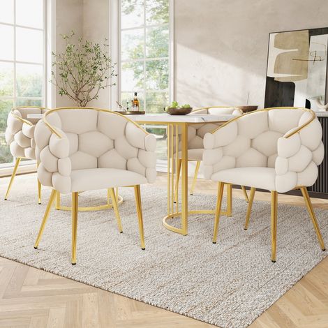 Chaise fauteuil velours beige moderne (lot de 4) - Salon, salle à manger ou maquillage - Ergonomique - Pieds or 44x41x74cm (1/5)