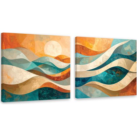 Set de tableaux sur toile  Vagues orange et formes abstraites 2 x 50x50 (1/4)