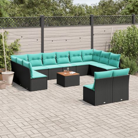 Salon de jardin 13 pièces avec rangement en résine tressée noire, coussins bleus - PANGIVO (1/5)