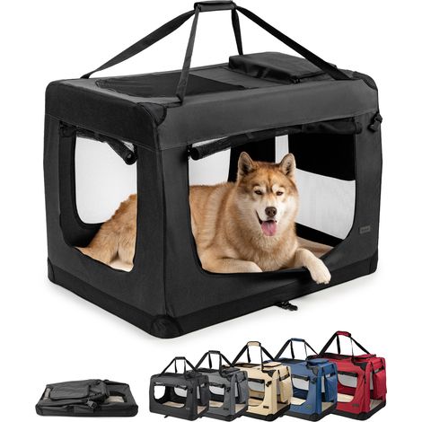 lionto Hundetransportbox faltbar, stabile Stoffbox mit Mesh-Einsätzen, ideal für Auto, Reise & Tierarzt, 101x69x70 cm, schwarz