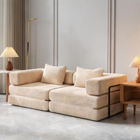 Canapé convertible en chenille beige 2 places sans assemblage (1/5)