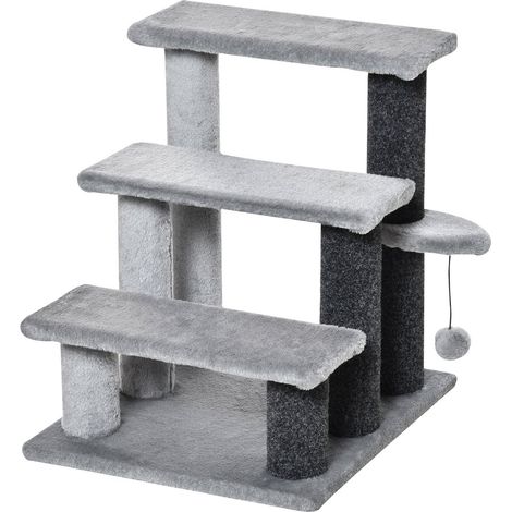 Katzentreppe, Haustiertreppe, Hundetreppe, Treppe für Katze und Hunde, 3 Stufen, mit Spielball, Plüsch, Grau, 45x40x48cm