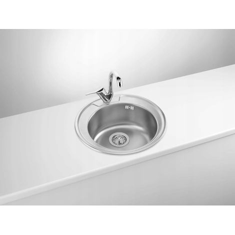 Évier de cuisine 1,5 bac en acier inoxydable AISI 201 Ø48 cm – Finition brossée – Trou pour robinet – Installation encastrable (1/4)