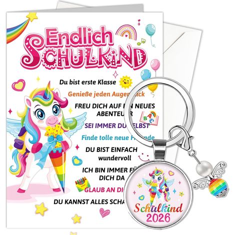 Carte de vœux licorne pour la rentrée des classes avec enveloppe, carte de rentrée scolaire 2024, ange gardien, porte-clés, porte-bonheur, rentrée scolaire, cadeau de rentrée des classes pour (1/5)