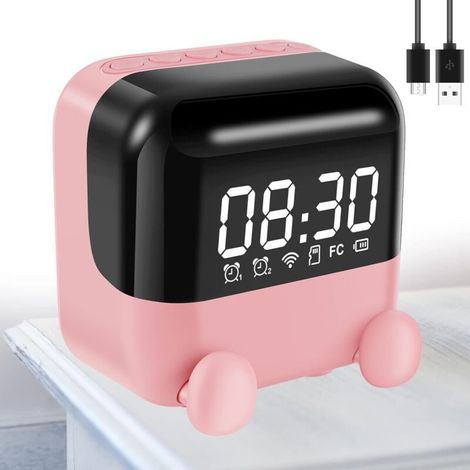 Réveil avec haut-parleur Bluetooth et radio FM, rechargeable, avec batterie 1400 mAh et grand écran LED (rose) (1/5)