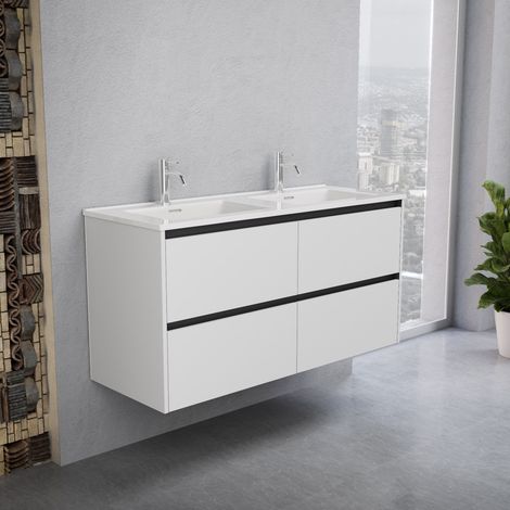 Inda - Badezimmerschrank 4 Schubladen B.120 mit Doppelwaschbecken Hochglanz/Mattweiß - Smeraldo (1/5)