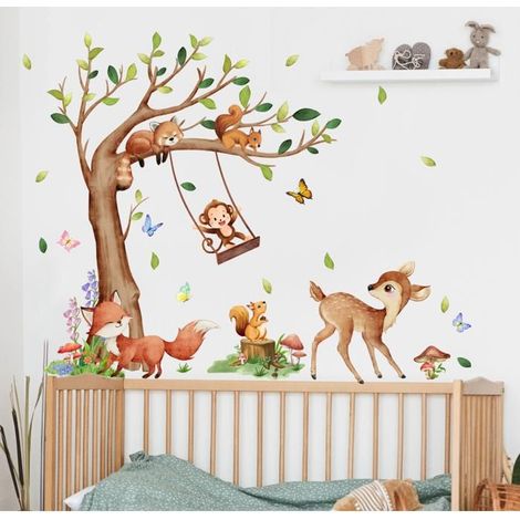 Stickers Muraux Animaux Forêt Arbre Autocollant Mural Écureuil Cerf Renard Singe Décoration Murale Chambre Enfants Pépinière Salon (1/5)