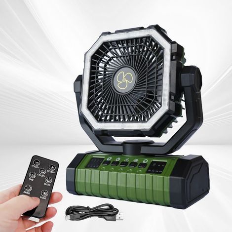 Ventilateur de Camping USB 20000 mAh avec Lumière LED.Ventilateur de bureau/tente rechargeable portable avec télécommande et crochet. rotation de la tête à 270° pour Ouragan de pêche de panne.Turquois (1/5)