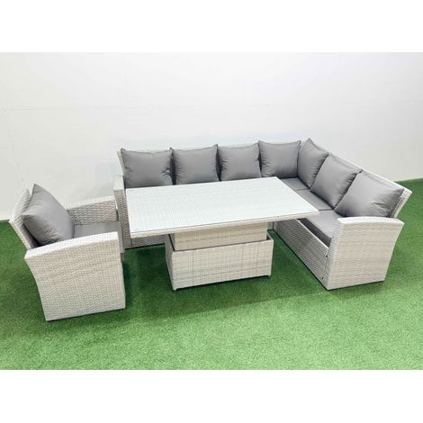 Fimous 7 Seat Rattan Garden Furniture Corner Sofa Set Outdoor Adjustable Lifting Dining or Coffee Table Set with Armchair Light Grey (1/4)