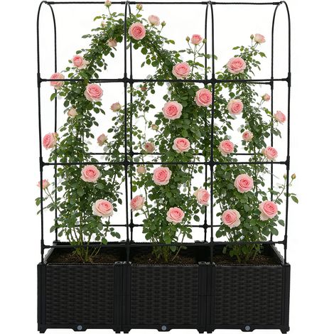 Jardinière avec treillis pour plantes grimpantes, 160 cm hauteur, aspect rotin, noir, bac de plantation avec support de grimpe, boîte de planteur pour jardin, terrasse et patio (3 compartiments, somme (1/5)