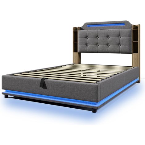 Lit coffre capitonné 140 x 200 cm en lin gris avec LED, USB Type-C et rangement hydraulique (1/5)