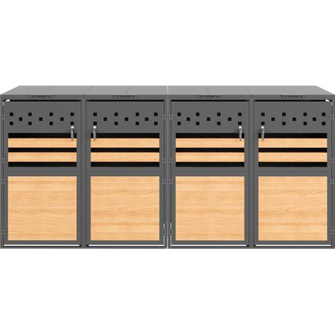 CAIziAbri pour poubelles, avec couvercle rabattable, compartiments de rangement pour déchets, verrouillable, quatre portes, blocs à veinage horizontal du bois (1/5)