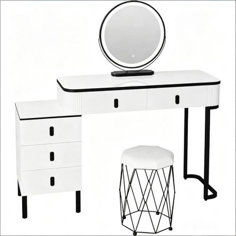 Coiffeuse LED 100cm miroir pivotant 360° avec tabouret 5 tiroirs rangement