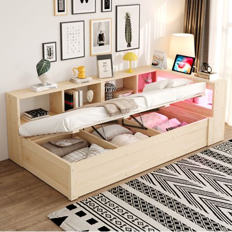 Cama individual con almacenaje y LED 90x200 cm OKMYHOME (1/5)