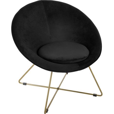Atmosphera – Fauteuil relax velours noir avec pieds en métal doré – Dimensions L. 76 x l. 62,5 x H. 73,5 cm – Confort ergonomique pour salon (1/5)