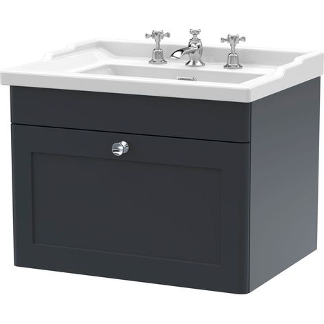 Swynnerton Traditional 1 Drawer Wall Hung Vanity Unit with Basin, Dark Grey, 600mm