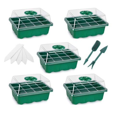 5 Pack Bac à Semis Vert Mini Plateau Semence Serre Potager pour Semis 12 Trous avec Outils de Plantation et Étiquettes de Plantes