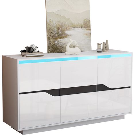 Sideboard mit 3 Türen, 5 Verstellbaren Einlegeböden und LED, Hochglanzfront, für Wohnzimmer, aus Spanplatte, 140 × 40 × 70 cm, Weiß und Schwarz (1/5)