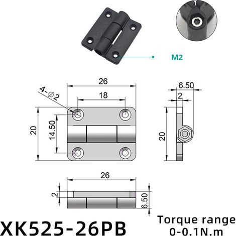 (XK525-26PB) 2 charnières à clapet pliantes en plastique et alliage de zinc avec amortisseur de torsion, butée de positionnement réglable et tampon de couple (1/5)