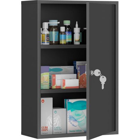 Armoire à Pharmacie Murale en Métal 3 Niveaux Rangement Médicaments Sécurisé avec 2 Clés 40x18x60 cm Noir (1/5)