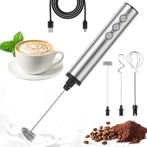 Elektrischer Milchaufschäumer USB-wiederaufladbarer Milchaufschäumer mit 3 Edelstahl-Schneebesen 3 einstellbaren Geschwindigkeitsstufen geeignet (1/5)