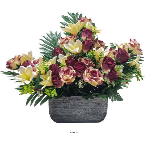 Devant de tombe pot Béton fleurs artificielles pour le cimetière H 45 cm Lg 54 cm Bourgogne - couleur: Bourgogne (1/3)