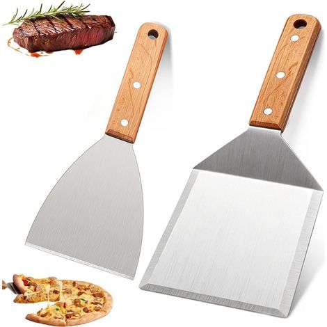 Spatule Plancha - 2 Pièces - Inox Et Bois - Grattoir Et Retourne - Pour Barbecue Et Cuisine - 23cm (1/5)