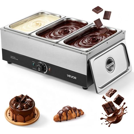 Fondoir à Chocolat au Bain Marie, 3 Cuves, 1200 W, Capacité 12,2 kg, pour Beurre Fromage Lait Sauces Chocolaterie, Usage Professionnel, Chauffe Chocolat avec Température 30-85 °C, Corps en Inox (1/5)