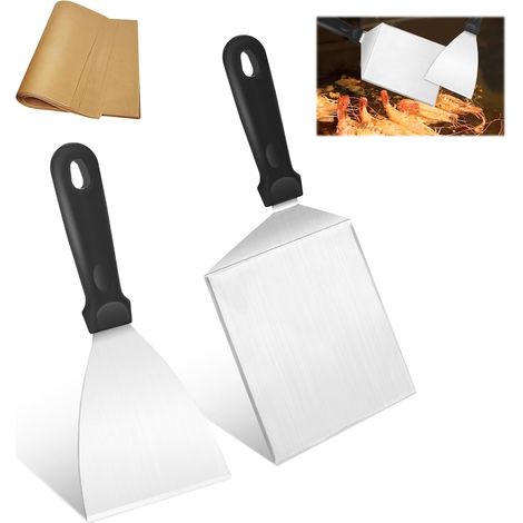 Set Spatule Barbecue - 2 Pièces - Acier Inoxydable - Manche Plastique - Pour Teppanyaki Et Burger - Avec 30 Papiers (1/5)