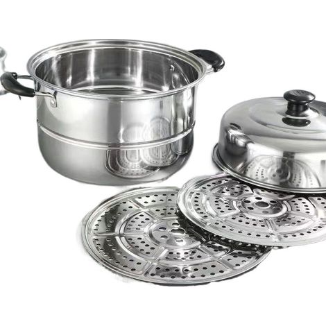 Cuit-vapeur en acier inoxydable double couche épaisse, marmite familiale pour soupe et poisson, compatible induction et gaz, ustensile de cuisson polyvalent (1/4)